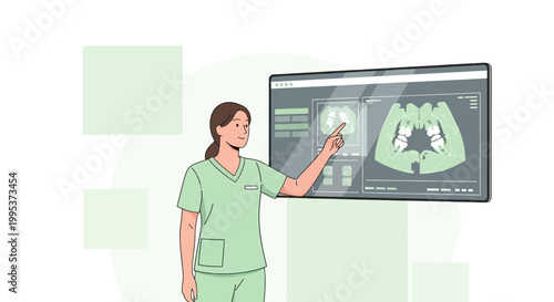 Dentist explaining dental x ray results on large digital screen