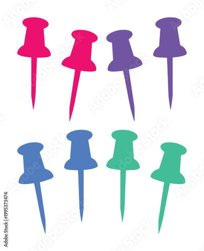 Colorful push pins vector collection, vibrant office supplies, essential stationery items, bright thumbtacks for notice boards and creative projects