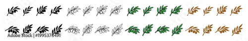 Olive branch vector collection, 24 stylized olive tree sprigs, black, gray, green, and brown leaves, Mediterranean plant elements for branding, packaging, and nature-themed designs.