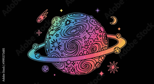 Whimsical Rainbow Doodle Planet with Rings and Cosmic Elements on a Dark Sky Background