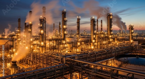 Industrial landscape - Oil refinery at dusk with illuminated structures.