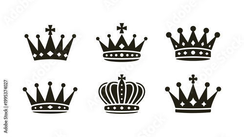 Heraldic crown set of minimalist vector silhouettes for royal badge and luxury brand identity.