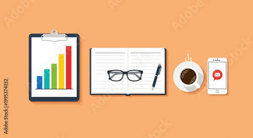 Flat lay of office supplies and devices on an orange background