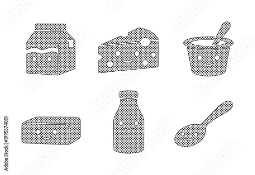 Kawaii dairy product icons set, cute cartoon milk and cheese characters with happy faces, 6 vector food elements for kids menu and nutrition design