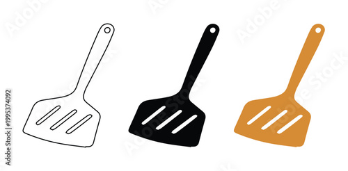 Kitchen spatula icon set, flat vector cooking turner illustrations, black and orange culinary tool symbols for restaurant menu design
