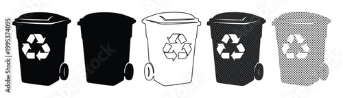 Recycle bin icon set with 5 vector elements, garbage wheelie bin silhouettes with recycling symbol, waste management and ecology icons