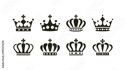 Collection of black royal crowns symbols and emblems on white background vector set.
