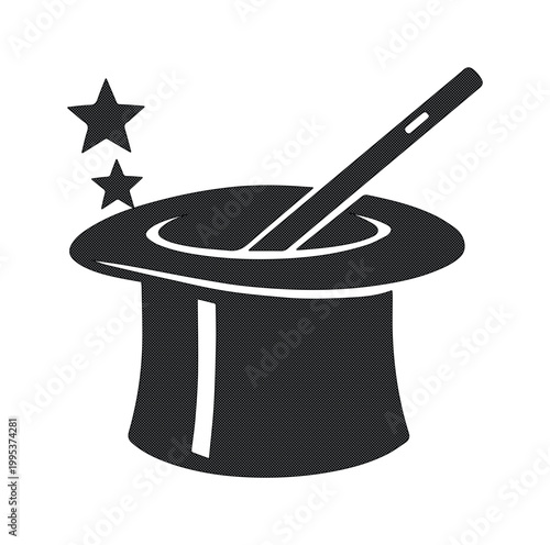 Magic hat and wand vector icon, black magician top hat with sparkling stars, circus performer equipment for stage shows and entertainment