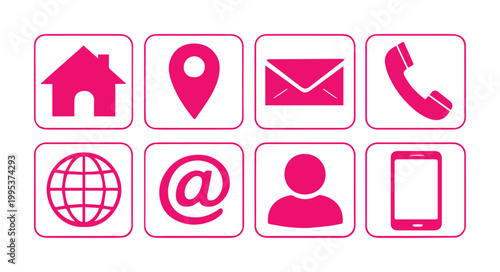 Pink contact icons set, 8 flat communication symbols in square frames, magenta web buttons for business cards and website interface design