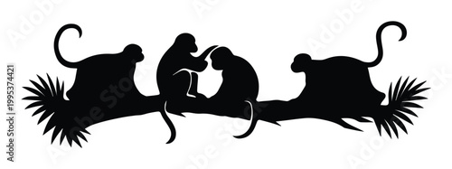 Black monkey silhouette group on jungle branch, wild primate family vector illustration, tropical animal silhouettes with palm leaves