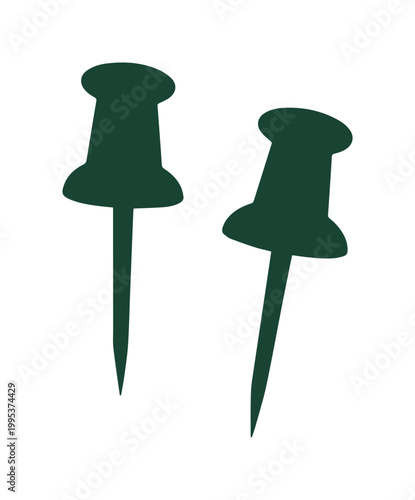 Dark green push pins, two simple flat vector thumbtacks, essential office supplies for organization and notice boards, isolated graphic resource.