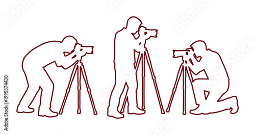 Minimalist photographer line art silhouettes, professional cameraman with tripod vector set, dark red outline photography icons for media production