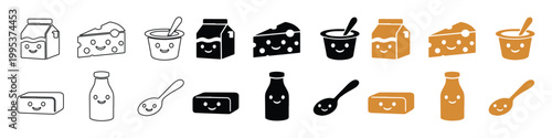 Kawaii dairy product icons set, cute smiling milk carton and cheese characters, 18 vector elements for healthy breakfast and grocery design