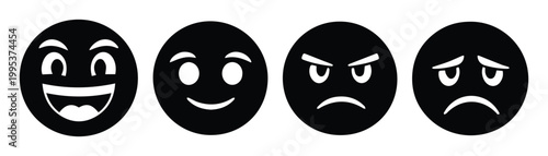 Minimalist black emoji icon set, collection of 4 circular facial expression symbols, flat vector emoticons representing happy, neutral, angry, and sad moods