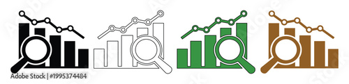 Business analytics vector icon set, magnifying glass over bar charts and line graphs, illustrating data analysis and financial trends, perfect for reports and presentations.