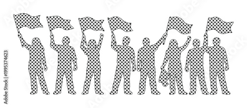 Checkered pattern people silhouettes holding racing flags, group of fans with checkered flags vector, motor sports finish line celebration