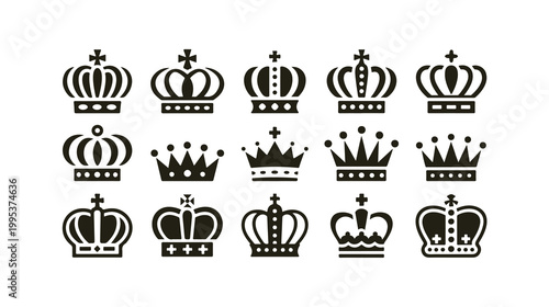Fifteen diverse black crown icons, symbolizing royalty, power, and regal elegance on white.