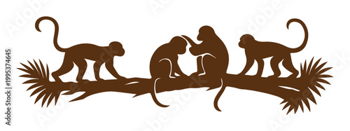 Brown monkey silhouette vector, group of monkeys on a tropical tree branch, wild primate family in jungle nature scene, animal wildlife illustration