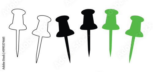 Minimalist push pin vector icons, black and green thumbtack silhouettes, office stationery map pins for planning and organization