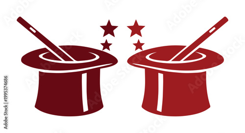 Magic hat and wand vector icons, red magician top hat with sparkling stars, circus performance and illusionist equipment flat design