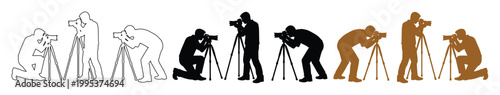 Professional photographer silhouettes with tripod, cameraman vector icons in outline and solid styles, photography equipment and media production set