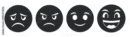 Emotional Emoticon Set, four black vector emoji icons depicting sad, angry, happy, and laughing expressions, perfect for user interface design and mood indicators