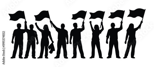 Protest silhouette of people holding flags, crowd of activists at a political rally, group of protesters demonstrating for social justice and human rights