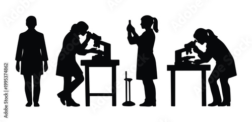 Science laboratory silhouettes, female scientists conducting research, medical professionals working with microscopes and test tubes, black vector illustration set for healthcare and education.