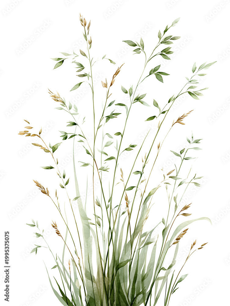 Fototapeta premium Watercolor illustration of a field grass with ears and leaves. Spring wild plant watercolor botanical sketch isolated on transparent background. 