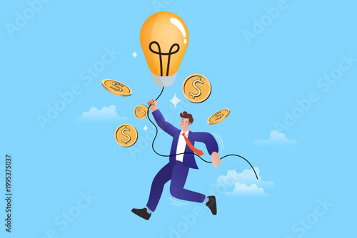 Ambitious entrepreneur soaring in the sky powered by a glowing light bulb surrounded by money symbolizing financial growth successful idea implementation and smart investment