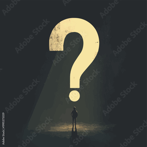 A silhouette of a person standing in front of a large question mark, symbolizing curiosity and introspection.