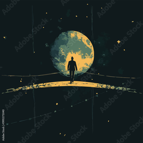 A solitary figure walks toward a luminous moon, symbolizing introspection and exploration in a cosmic landscape.