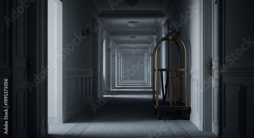 Eerie Hotel Hallway with Luggage Cart and Dim Lighting.