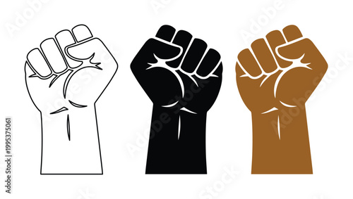 Raised fist power symbols, black and brown clenched fists for social justice, protest hand icons for human rights and equality movements