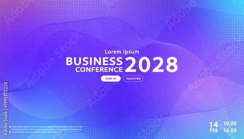 Abstract purple and blue wave line background for business conference webinar and digital technology seminar presentation banner with professional layout