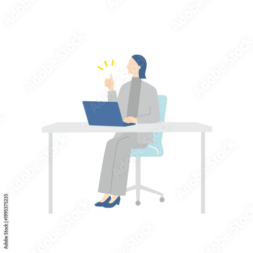 ノートパソコンの前でグッドポーズをする女性ビジネスパーソン