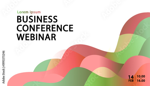 Business conference webinar banner template with abstract wavy layers in pink and green tones representing creative harmony modern corporate communication and professional networking