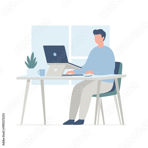 Person Working at Desk with Laptop in Modern Office.