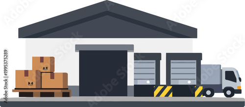 Warehouse with truck and boxes on pallet outside loading dock
