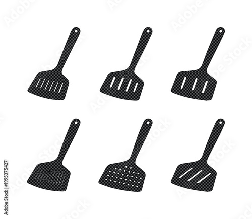 Minimalist kitchen spatula silhouette icons, set of 6 black flipper vector elements, professional culinary cooking utensils for restaurant menus