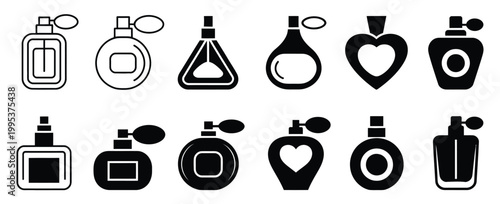 Perfume bottle icon set line art and silhouette designs, various shapes for beauty products branding luxury fragrance vector illustration