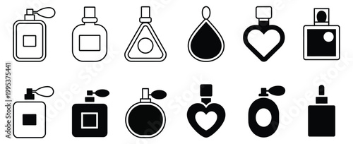 Perfume bottle icon set line art and silhouette designs, various shapes for beauty products branding luxury fragrance vector illustration