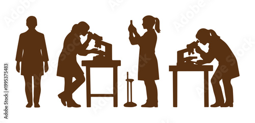 Scientist woman silhouette set, female researchers working with microscopes in laboratory, brown vector illustrations of lab workers