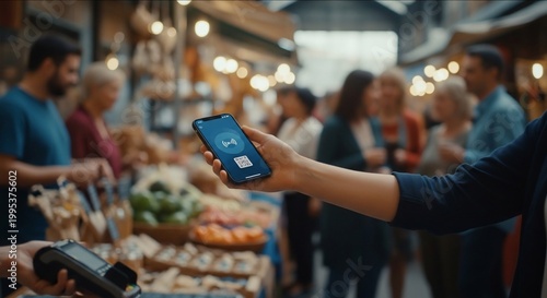 Contactless payment at a bustling market with a smartphone.