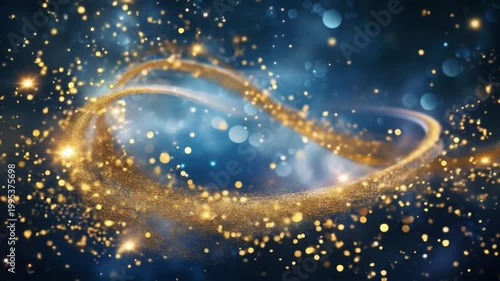 Abstract gold trail with bokeh on blue background for artistic designs