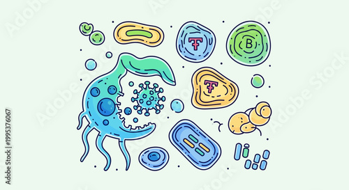 Vibrant microscopic biology illustration showcasing diverse cells viruses and bacteria in an