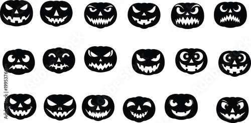 Adobe Illustrator ArtworkHalloween, pumpkins, jack-o’-lanterns, spooky faces, carved pumpkins, Halloween icons, pumpkin silhouettes, scary expressions, creepy, horror, festive, autumn, October, black 