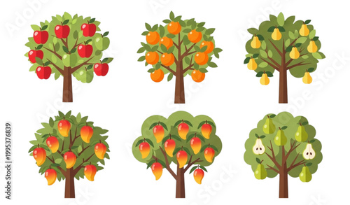 Ripe fruit trees vector set orchard harvest season illustration