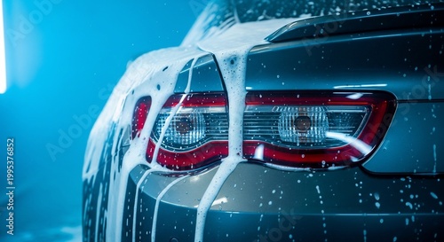 Close-up of car being washed with soap and water.