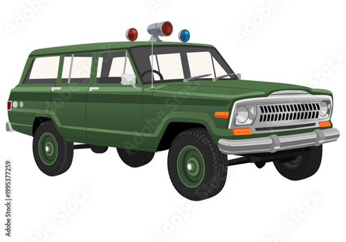 vector illustration of a classic green 1970s-style full-size SUV modified for police or park ranger service